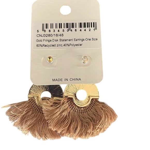 NWT PrettyLittleThing Chic Gold Fringe Disk Statement Earrings Drop Dangle Cream - Picture 7 of 15